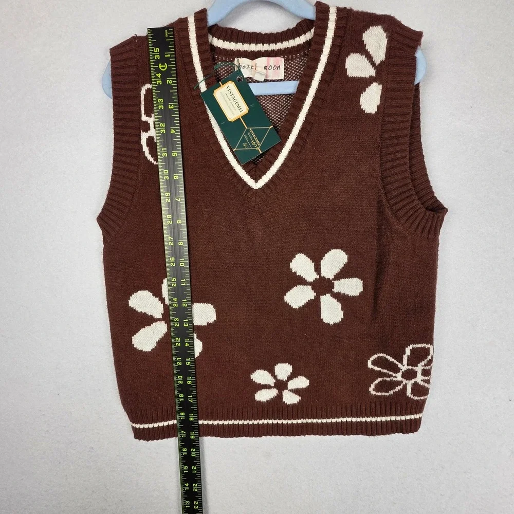 Hazel Moon Girls Knit‎ Sweater Crop Vest M Brown Flower Kids Trendy Autumn Fall